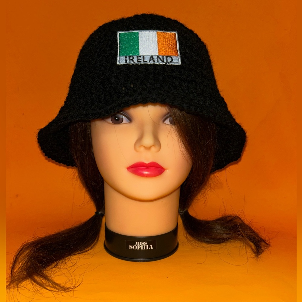 Handmade Crocheted Black Bucket Hat with Ireland Emblem